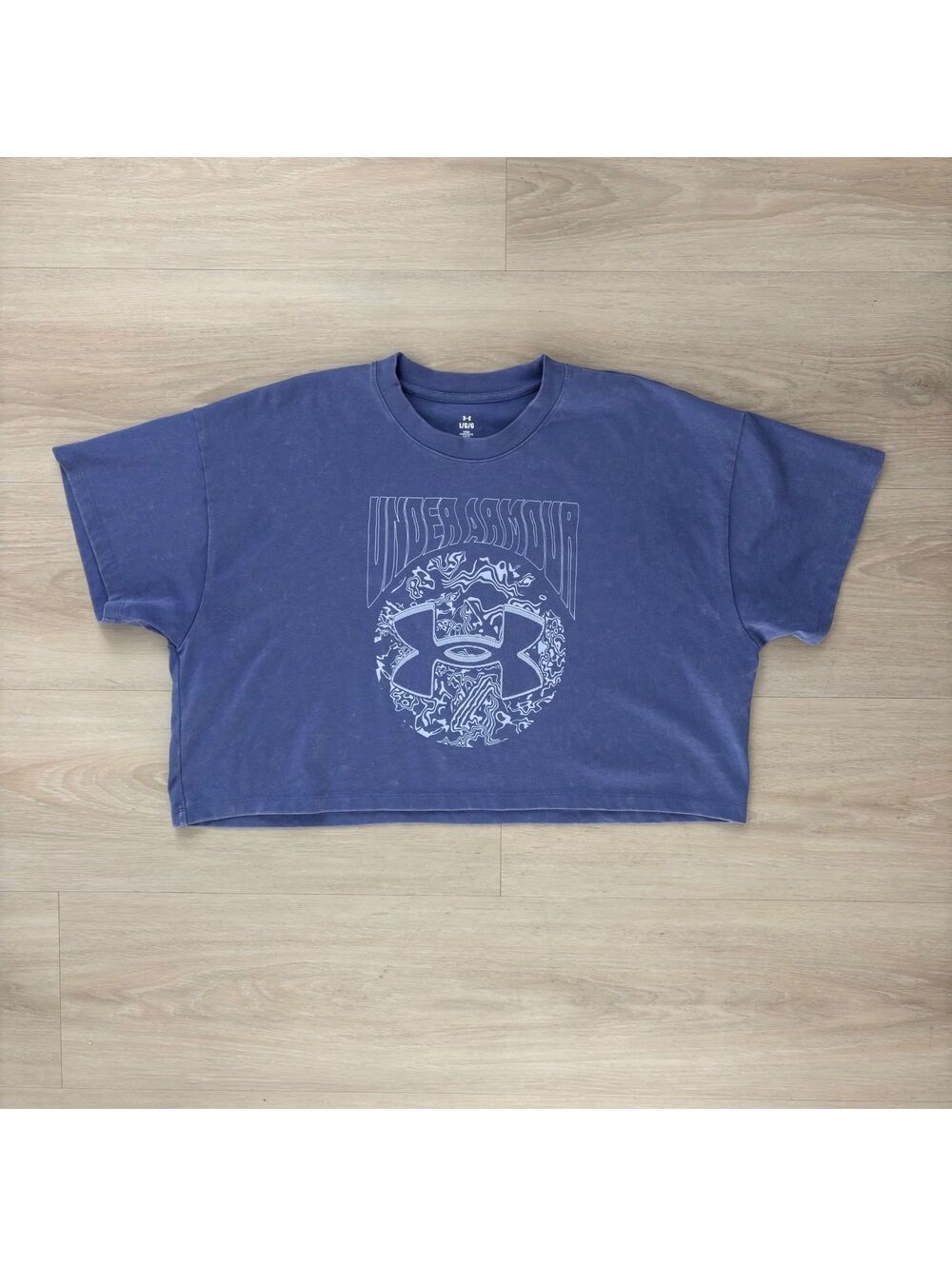 Under Armour Womens L Blue Graphic Cropped T Shirt Loose Fit Oversized Athletic